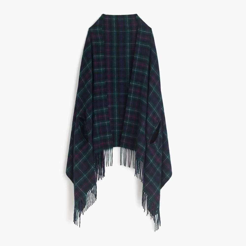 J.Crew Poncho Scarf Women XS/S Blue Green‎ Plaid Wool Blend Fringe Preppy NWT